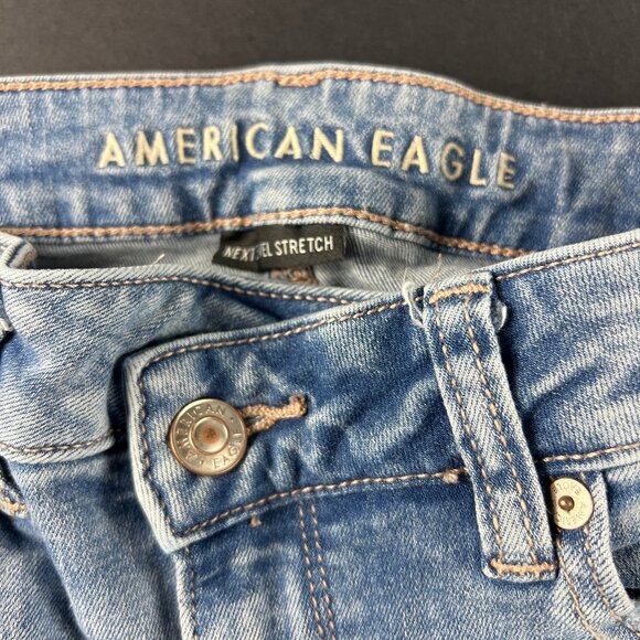American Eagle Jean Women 27x30 Super Hi Rise Flare Blue Distressed Denim Tag 4L - Picture 7 of 16